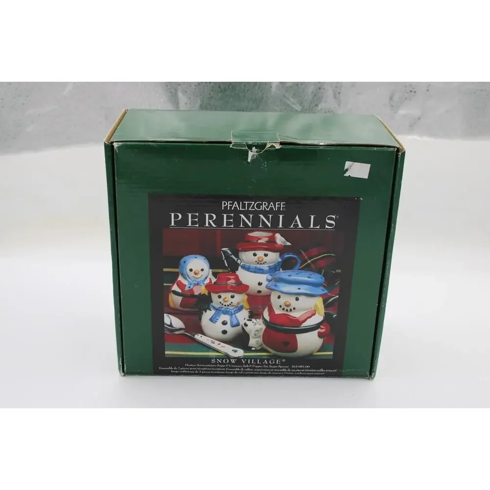 Pfaltzgraff‎ Perennials Snow Village Creamer Sugar Salt Pepper Spoon Snowman Set